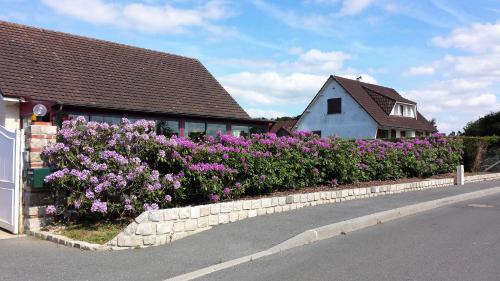 una pared de retención con flores púrpuras frente a una casa en 3 chambres privées dans un jardin d'hiver, garage voiture, vélos, motos, en Tourville-sur-Arques