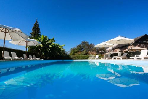 einen Pool mit blauem Wasser und Sonnenschirmen in der Unterkunft Villa de 8 chambres avec piscine privee jardin amenage et wifi a Haut de Bosdarros in Haut-de-Bosdarros