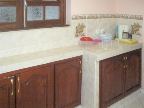 a kitchen with wooden cabinets and a counter top at Maison avec vue sur la mer, Le Robert + Jardin et Terrasse in Quartier Lecomte
