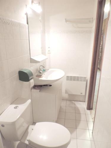 une salle de bain blanche avec des toilettes et un lavabo dans l'établissement Appartement cosy Embrun 40m² + AC, à Embrun