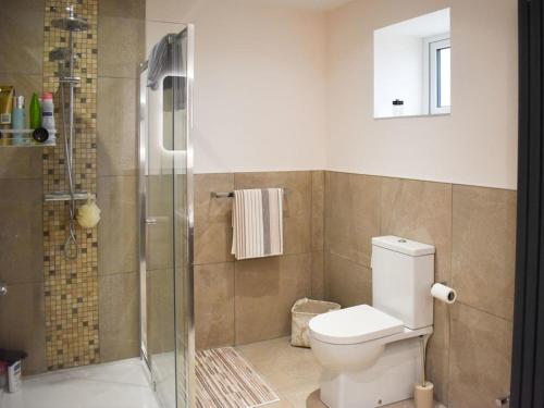 een badkamer met een toilet en een douche bij Rose Cottage Captivating 1-Bed Cottage in Bangor in Bangor