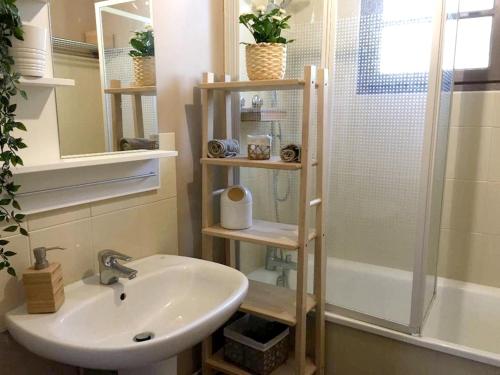 uma casa de banho com um lavatório e um chuveiro em Chalet d'une chambre avec sauna et wifi a Arrens Marsous em Arrens-Marsous