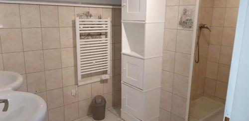 a small bathroom with a shower and a sink at Maison de 3 chambres avec piscine partagee jardin amenage et wifi a Begadan in Bégadan