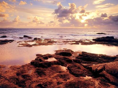 a beach with rocks and the ocean at sunset at Spacious House in Flic en Flac with Shared Pool in Flic-en-Flac