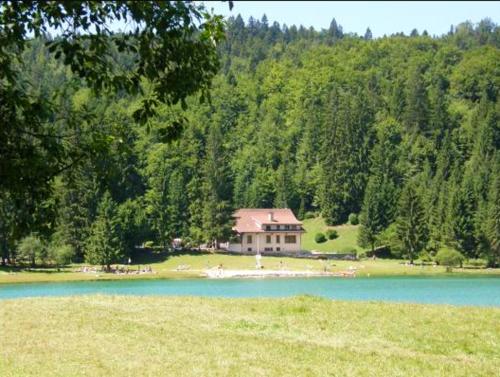 une maison assise sur le côté d'un lac avec une maison dans l'établissement Maison confortable avec vue sur la montagne à Charix, à Charix