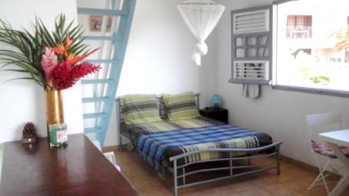 a bedroom with a bed in the corner of a room at Appartement cosy avec vue sur le jardin à Sainte Anne, 30 m² in Sainte-Anne