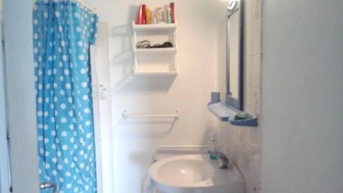 a bathroom with a sink and a blue shower curtain at Appartement cosy avec vue sur le jardin à Sainte Anne, 30 m² in Sainte-Anne