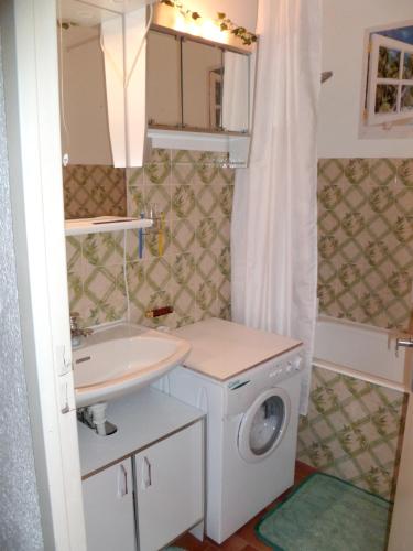une salle de bain avec un lavabo et une machine à laver dans l'établissement Charmant appartement à Enchastrayes 38 m² avec vue montagne, à Enchastrayes