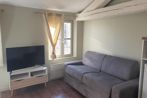 un salon avec un canapé et une télévision à écran plat dans l'établissement Modern Duplex Apartment Centre Ville D'avignon, à Avignon