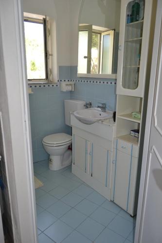 a blue bathroom with a toilet and a sink at da lina in Porto Santo Stefano
