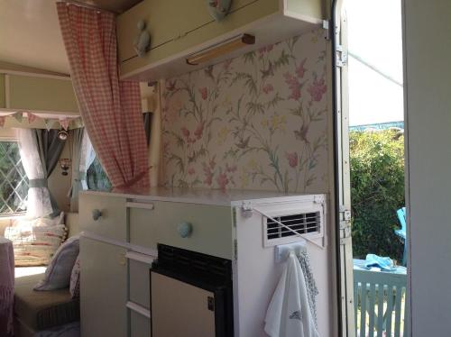 a caravan with a kitchen with a stove and wallpaper at KItty unique 60s caravan set in pretty garden in Lizard