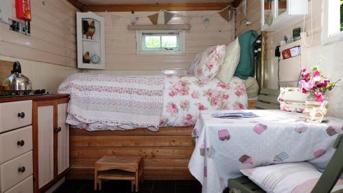 a small room with a table and a bed in a tiny house at Cosy Shepherds Hut nr Kynance cove in Lizard
