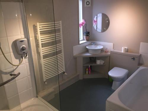 a bathroom with a shower and a sink and a toilet at Large 2-Bed House Derbyshire off Chatsworth rd in Chesterfield