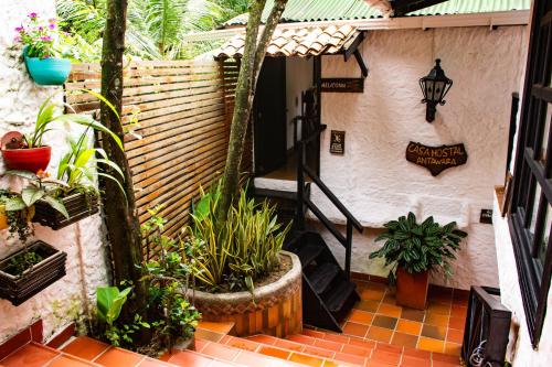 a courtyard with plants and a staircase in a house at Hostal Antawara Tayrona in El Zaino