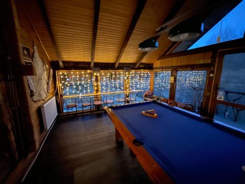 a billiard room with a pool table and lights at Guesthouse Karpaty in Yasinya