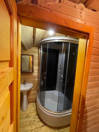 a bathroom with a shower and a sink at Guesthouse Karpaty in Yasinya