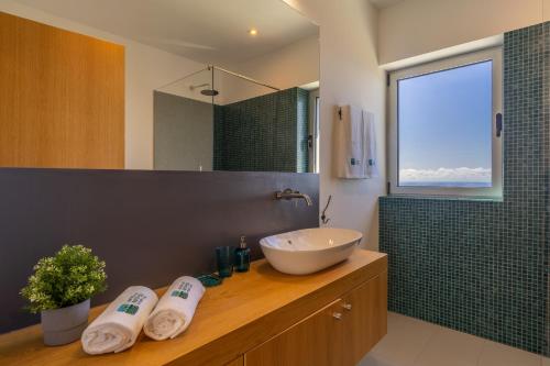 a bathroom with a sink and a shower and a sink at Cantinho da Natureza - Nature & Tranquility - Heated pool optional in Jardim do Mar