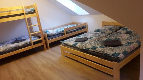 sypialnia z 2 łóżkami piętrowymi i drabiną w obiekcie Apartment Attic w mieście Jáchymov
