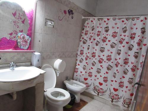 a bathroom with a toilet and a sink and a shower curtain at Hospedaje La Rana in Buenos Aires