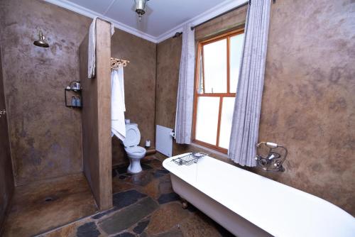 a bathroom with a tub and a toilet at Presidents Boutique Lodge by Ilawu in Vryheid