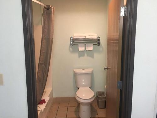 Un baño con inodoro y ducha con toallas. en SureStay Hotel by Best Western Weimar, en Weimar