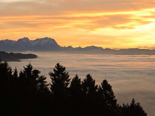 a view of the mountains above the clouds at sunset at Wellnesshotel Linde in Sulzberg