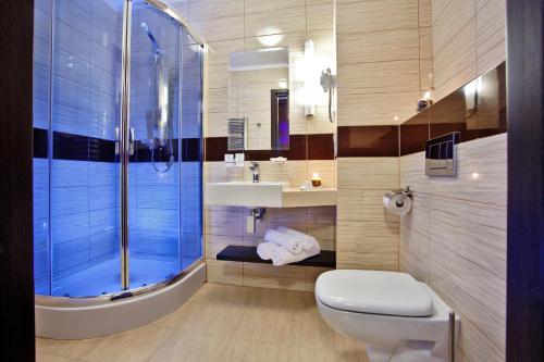 a bathroom with a shower and a toilet and a sink at Hotel SPA Budowlani in Szczawnica