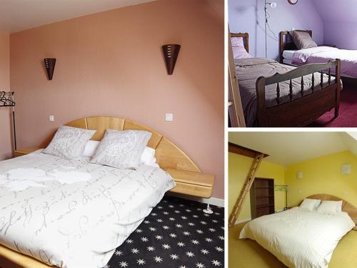three different pictures of a bedroom with a bed at Les Chambres du Sillon in Pleubian