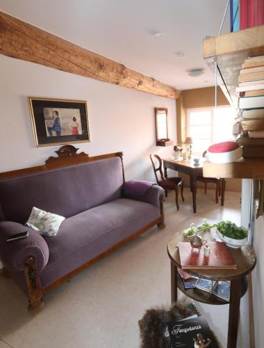 a living room with a couch and a table at Fachwerk-Kultur-Pension TangoBrücke in Einbeck