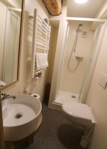 a bathroom with a sink and a toilet and a shower at Fachwerk-Kultur-Pension TangoBrücke in Einbeck