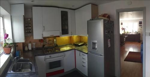a kitchen with a refrigerator, stove, sink and dishwasher at Lovely double bedroom in Rotherhithe in London
