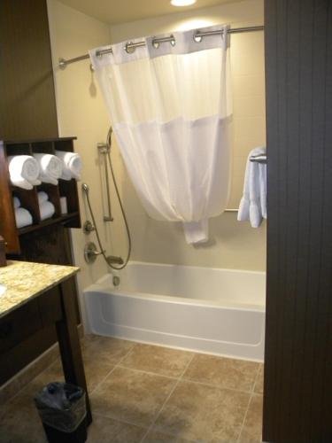 a bathroom with a tub and a shower with a shower curtain at Teddy's Residential Suites Watford City in Watford City