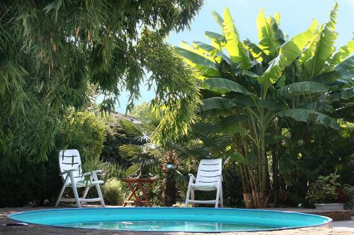 2 sillas y una piscina en un jardín en Guest House K&T, en Sevastopol