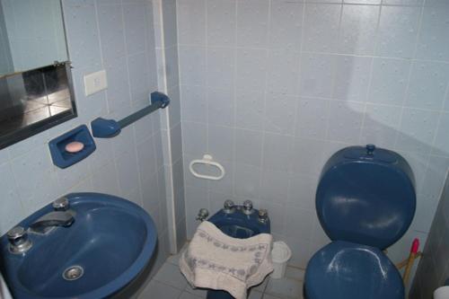 ein Badezimmer mit einem blauen WC und einem Waschbecken in der Unterkunft De Las Artes XII - triplex sólo familias in Pinamar