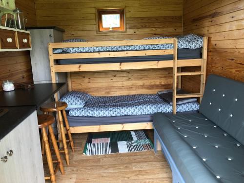 a room with two bunk beds in a cabin at Unique Off- Grid Beehive Pod at Westcote Glamping in Hawick