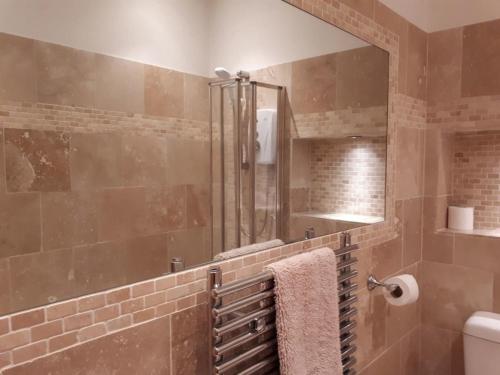 La salle de bains est pourvue d'une douche et d'un miroir. dans l'établissement Hollies and Ilfracombe Harbour View, à Ilfracombe