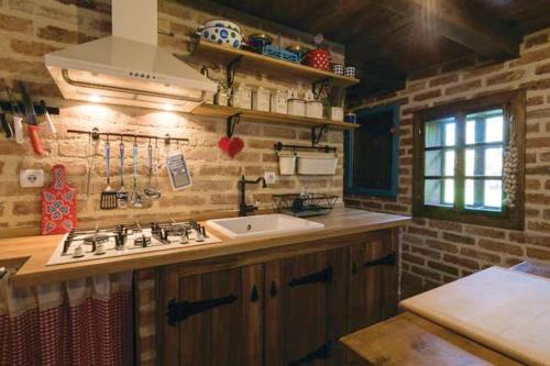 a kitchen with a sink and a brick wall at Elegant villa with jacuzzi near Možđenec in Možđenec