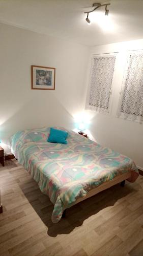 une chambre avec un lit avec un oreiller bleu dessus dans l'établissement Maison de 7 chambres a Eyrein avec jardin amenage et WiFi, à Eyrein