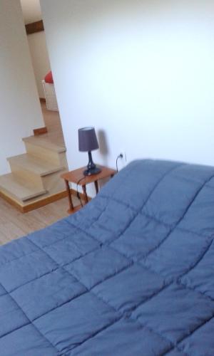 a bedroom with a blue bed with a lamp on a table at Maison charmante avec vue sur lac à Thil-sur-Arroux in Thil-sur-Arroux