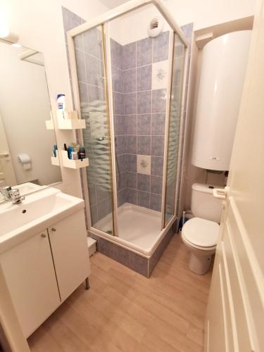 une salle de bain avec une douche, des toilettes et un lavabo dans l'établissement Appartement charmant à Cauterets - 25m² - Vue montagne, à Cauterets