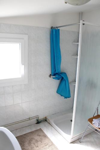 une douche avec un rideau de douche bleu dans une salle de bain dans l'établissement Maison charmante à Saint-Patrice avec jardin privé, à Saint-Patrice