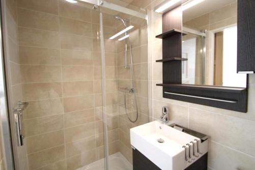 une salle de bain avec une douche, un lavabo et un miroir dans l'établissement Maison avec jardin et vue montagne à Gap, à Gap