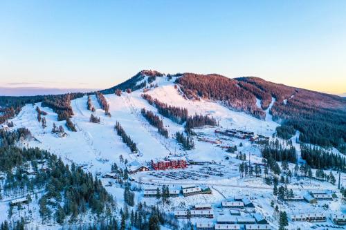 una montaña cubierta de nieve con una estación de esquí. en Hotell Kurbits, en Transtrand