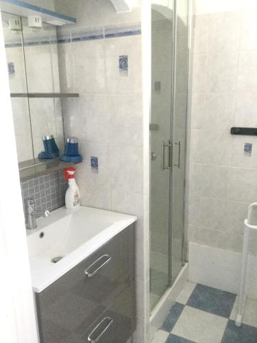 une salle de bain avec un lavabo et une douche en verre dans l'établissement Maison charmante avec jardin, Saint-Hilaire-de-Riez, proche mer, à Saint-Hilaire-de-Riez