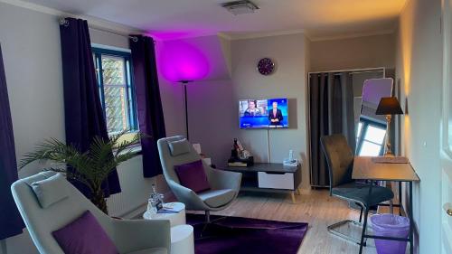 a living room with chairs and a table and a tv at Friesenhof Nieblum - Hotel Garni in Nieblum