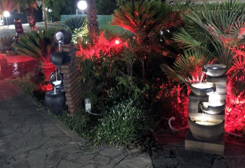 a garden with red lights and plants in a yard at Il Giardino Di Adriana in Terracina