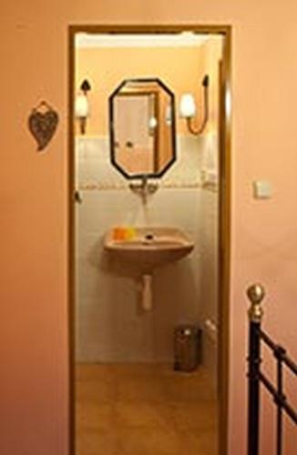 a bathroom with a sink and a mirror on the wall at Jihočeský Statek in Dynín