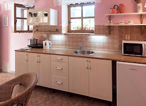 a kitchen with a sink and a microwave at Jihočeský Statek in Dynín
