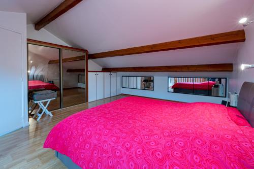 een slaapkamer met een groot roze bed in een kamer bij Appartement cosy secteur Aulnay sous Bois in Aulnay-sous-Bois