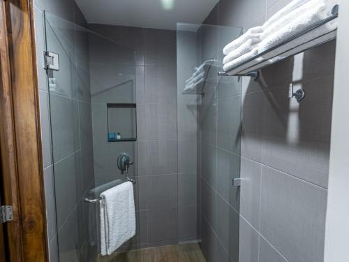een badkamer met een douchecabine en een toilet bij Varali Grand Hotel in Mazatlán